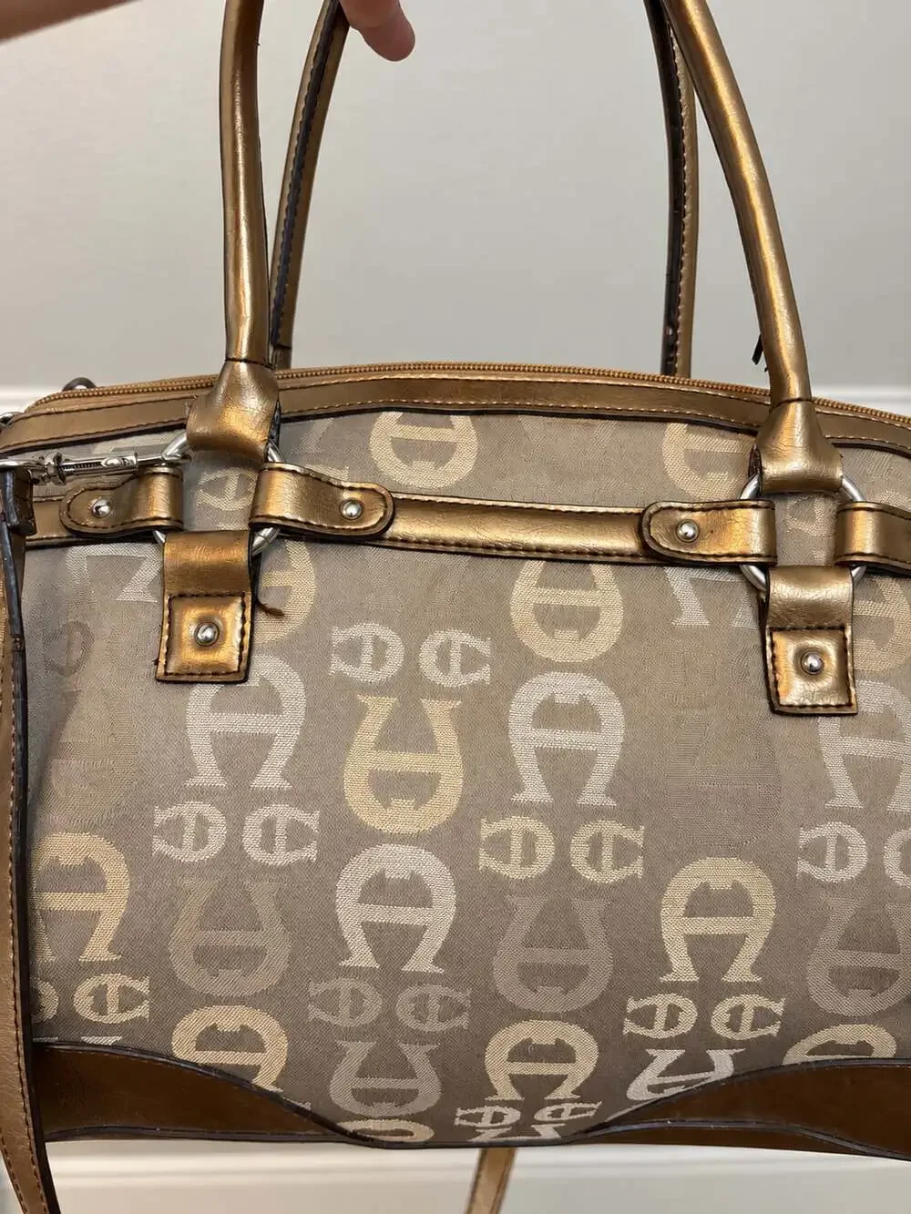 Etienne Aigner Logo Jacquard Leather Trim Satchel Handbag Bronze